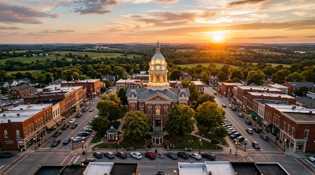 Illustration of a Kentucky courthouse and downtown at sunset